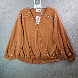 NEW Savanna Jane Wrap Top Women‎ 2X Geometric Embroidered Red Brown